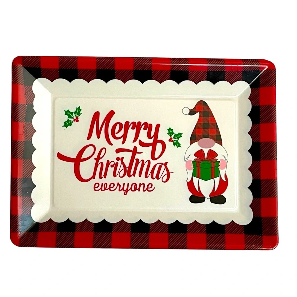 Christmas Melamine Serving Trays Red Black Buffalo Plaid Border Gnome Set of Two